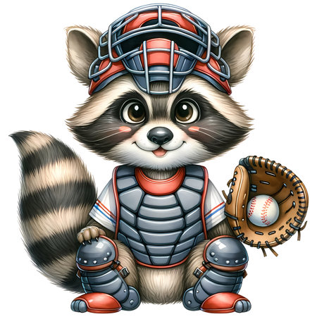 Cartoon raccoon baseball player with baseball bat. Vector illustration.の素材