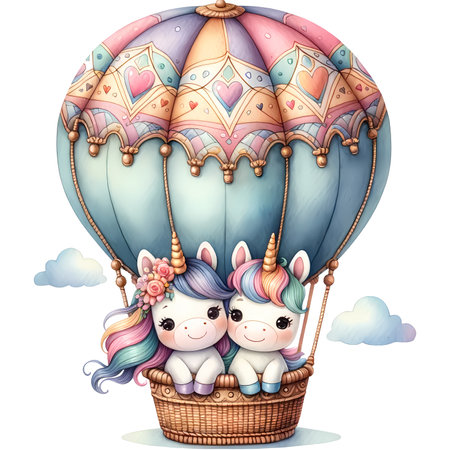 Cute cartoon unicorn in a hot air balloon with hearts and starsの素材