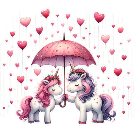 Couple of unicorns in love with umbrella and hearts. Vector illustration.の素材