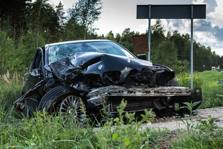frontal collision of BMW and truck DAF, in Latvia on the A4 road, which occurred on the evening of August 21, 2018のeditorial素材