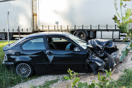 frontal collision of BMW and truck DAF, in Latvia on the A4 road, which occurred on the evening of August 21, 2018のeditorial素材