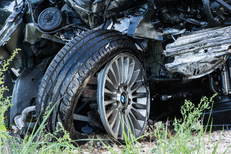 frontal collision of BMW and truck DAF, in Latvia on the A4 road, which occurred on the evening of August 21, 2018のeditorial素材