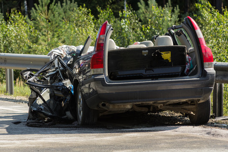 frontal collision of Volvo and truck with tanker for transportation of gasoline., in Latvia on the A9 road, which occurred on the evening of August 17, 2018 Driver or Volvo car died in the car.のeditorial素材
