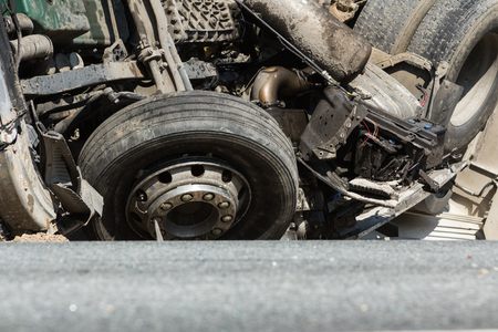 frontal collision of Volvo and truck with tanker for transportation of gasoline., in Latvia on the A9 road, which occurred on the evening of August 17, 2018 Driver or Volvo car died in the car.のeditorial素材