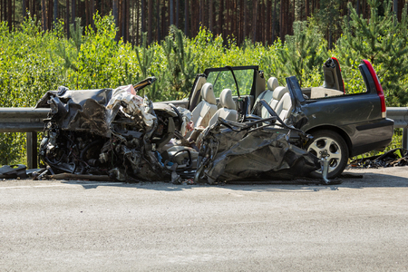 frontal collision of Volvo and truck with tanker for transportation of gasoline., in Latvia on the A9 road, which occurred on the evening of August 17, 2018 Driver or Volvo car died in the car.のeditorial素材