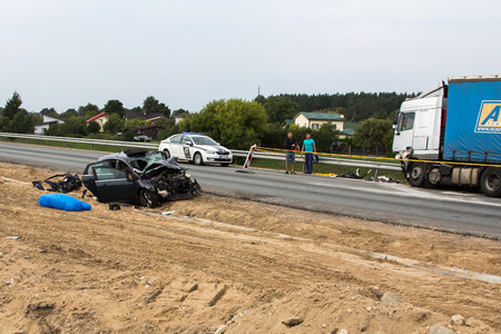 frontal collision of Ford and DAF truck, in Latvia on the A5 road, which occurred on the evening of August 20, 2018.A woman who was sitting in the back seat, in Ford and was not fastened with a seat belt - died on the spotのeditorial素材
