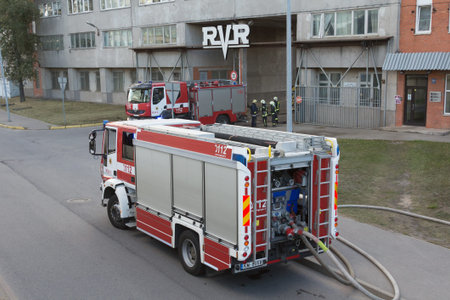 the work of firefighters in extinguishing the fire in factory RVR, 16.10.2018, in Riga, Latvia