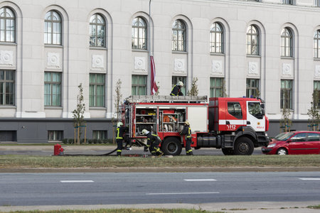 the work of firefighters in extinguishing the fire in factory RVR, 16.10.2018, in Riga, Latvia