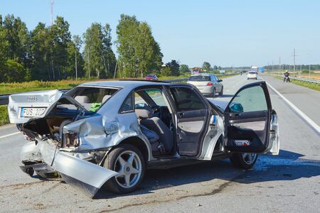 July 24,2019, Jaunolaine, Latvia, damaged cars on the highway at the scene of an accident because of non-observance of distanceのeditorial素材