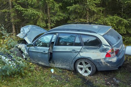 Ikskile, Latvia, September 23, 2019: car after accident on a road because of frontal collision, transportation backgroundのeditorial素材