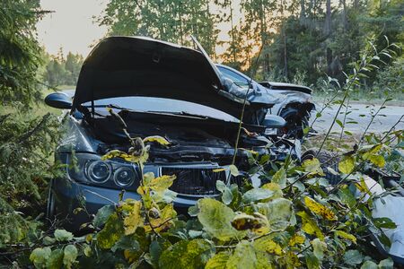 Ikskile, Latvia, September 23, 2019: car after accident on a road because of frontal collision, transportation backgroundのeditorial素材