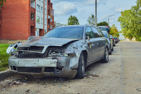 Rezkene,Latvia, August 26, 2019: car after accident on a road because of frontal collision, transportation backgroundのeditorial素材