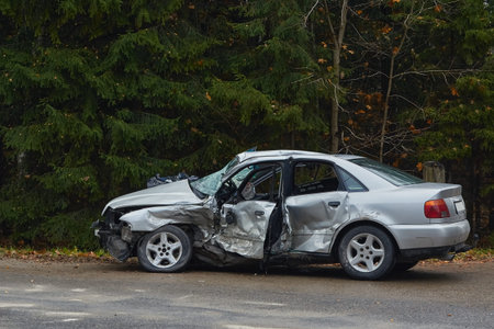 October 21, 2019, Kegums, Latvija: car after accident on a road because of frontal collision, transportation backgroundのeditorial素材