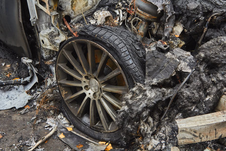October 25, 2019, Riga, Latvia: fully burned cars in the city in autumn, accident background