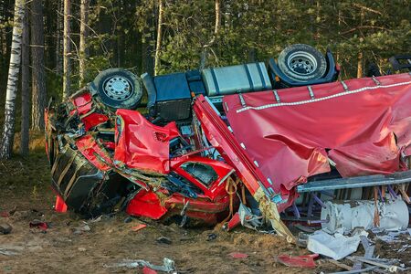 January 17, 2020, Cekule, Latvia: Truck collision with tree at the scene of an accident on a roadの写真素材