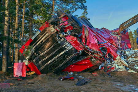 January 17, 2020, Cekule, Latvia: Truck collision with tree at the scene of an accident on a road