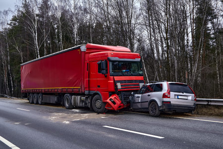 January 24, 2020, Sauriesi, Latvia: car after a collision with a heavy truck, transportation...