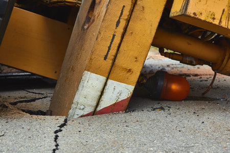 March 17, 2020, Riga, Latvia: car accident on a road, mobile crane after falling from trailer, transportation backgroundの写真素材