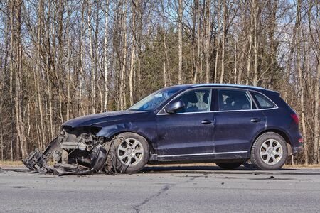 March 20, 2020, Kekava, Latvia: car after accident on a road because of frontal collision, transportation backgroundの写真素材