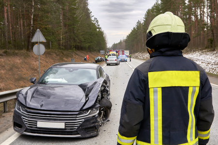 March 16, 2020, Latvia, Upesciems: car after accident on a road because of frontal collision,...