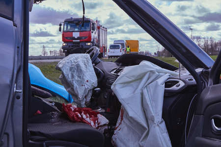 April 16,2020, Olaine, Latvia: damaged cars on the highway at the scene of an accident because of non-observance of distanceのeditorial素材