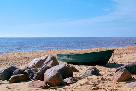 Boat at Baltic sea shore in Tuja, Vidzeme, Latvia, landscapeのeditorial素材