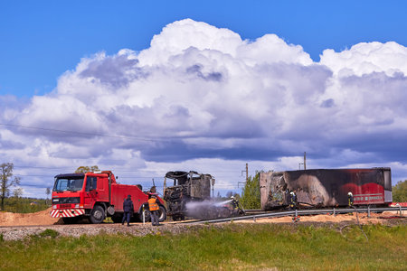 May 20, 2020, Valmiera, Latvia: fully burned truck in the city i accident background