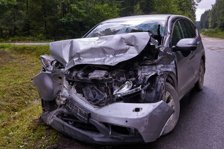 June 20, 2020 Ogre, Latvia: car after a collision with a heavy truck, transportation backgroundの写真素材