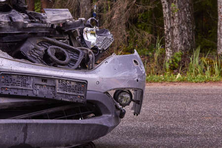 June 20, 2020 Ogre, Latvia: car after a collision with a heavy truck, transportation backgroundの写真素材