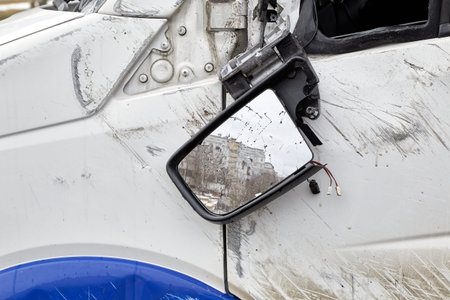 February 26, 2021, Riga, Latvia, damaged cars on the city raod at the scene of an accident because...