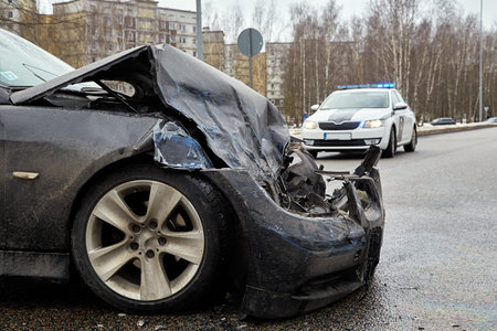 February 26, 2021, Riga, Latvia, damaged cars on the city raod at the scene of an accident because...
