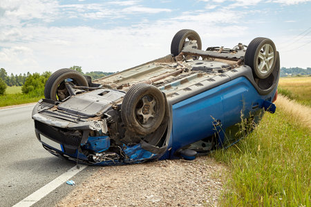 July 1, 2021, Pure, Latvia: car after accident on a road because of non-observance of distance,...