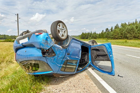 July 1, 2021, Pure, Latvia: car after accident on a road because of non-observance of distance, transportation backgroundの写真素材