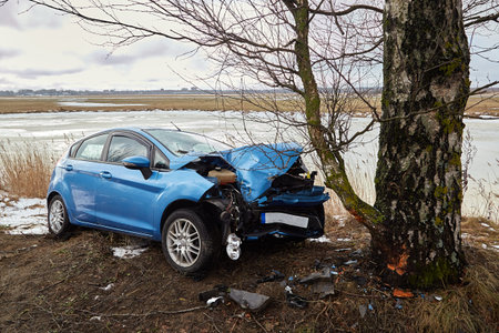 January 25, 2022, Riga, Latvia: car collision with tree at the scene of an accident on a road
