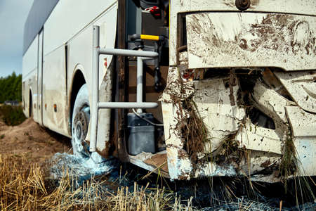 August 8, 2021, Laci, road A9, Latvia: Car accident on a road, car and bus collision, transportation backgroundの写真素材