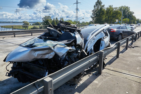 August 22, 2021, Riga, Latvia: car after accident on a road because of collision, transportation...