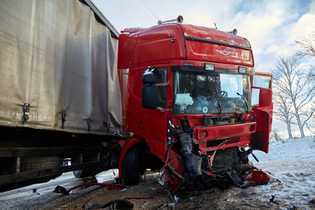 January 6, 2021, Eleja, Latvia: car after accident on a road because of collision with a truck, transportation backgroundの写真素材