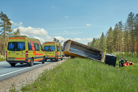June 09, 2021, Tinuzhi, Latvia: car after accident on a road because of collision with a truck,...
