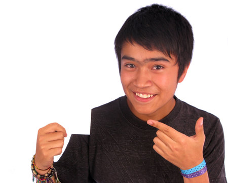 Teen  behind white placard over white background