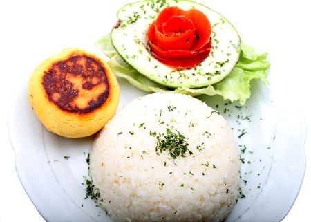 Delicious rice in plate on isolated backgroundの写真素材