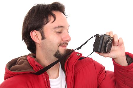 Middle age man with an analog cameraの写真素材