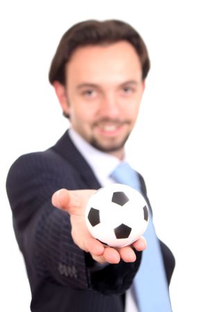 Man with a soccer Ball Balanced on Mans Pointed Finger isolated over whiteの写真素材