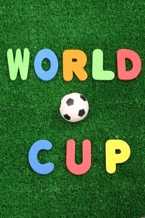 World Cup ball on atificial turf - word plastic coloursの写真素材