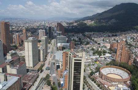 BOGOTA, COLOMBIA - JANUARY 15, 2017: A view of Bogota, planetarium and the bullring of Bogota from the top of the Colpatria building.のeditorial素材