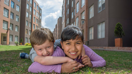 Two Young Kids happy outdoors.の写真素材