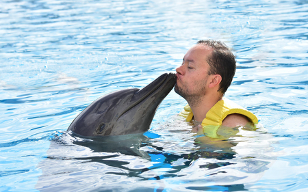 Smiling young man kissing dolphin in pool.の写真素材
