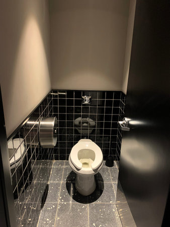 Sterile, black and white public restroom