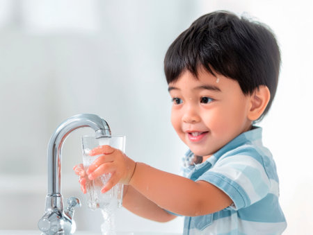 Cute asian baby boy drinking water from the tap at homeの素材