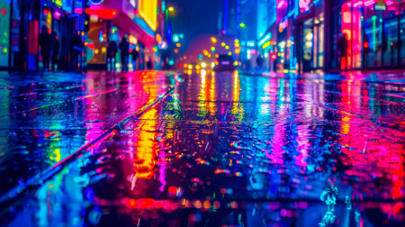 Rainy street at night with neon lights and reflections on wet pavementの素材