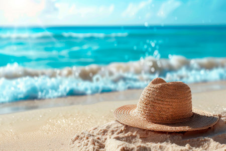 Straw hat on sandy beach against blurred sea background. Summer vacationの素材